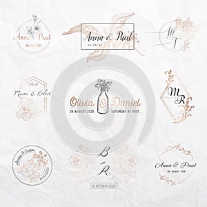 Wedding monogram collection, Floral templates for Invitation cards, Save the Date, Logo identity for restaurant boutique