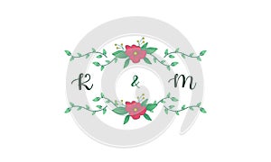 Wedding monogram logo. Watercolor floral frame for invitation card design