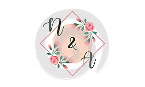 Wedding monogram logo. Watercolor floral frame for invitation card design