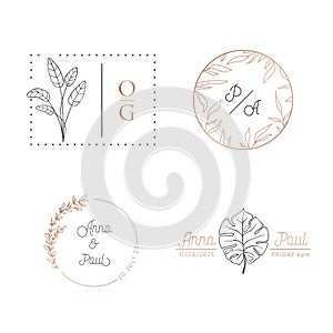 Wedding monogram vector collection, modern minimalistic floral templates, wreath for Invitation