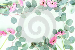 wedding or mothers day backgroundgreen eucaliptus leaves over mint green background