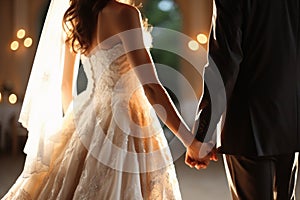 Wedding motif shines as newlyweds clasp hands, a symbol of their loving unity