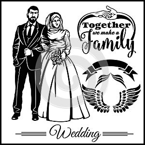 Wedding muslim couple silhouette groom and bride - vector stock