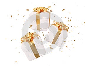 Wedding or New Year's white boxes with gold bows with confetti. Isolated on a white background. 3d rendering.
