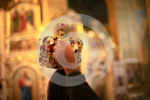 Wedding in the Orthodox Church. The ceremonial crown on bride s head.