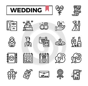 Wedding outline icon set.