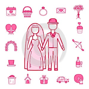 Wedding outline married engagement groom bride icons vector illustration.