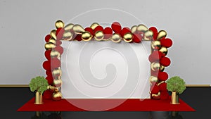 Wedding party backdrop banner 2x3 meters with red and gold balloons. Pop Up template. 3d render mockup for you