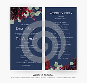 Wedding party & ceremony program card design with Red rose flowers, burgundy dahlia, eucalyptus branches, leaves, amaranthus & be