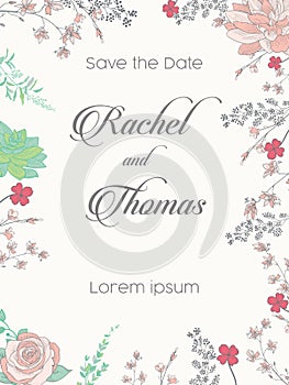 Wedding party invitation and Save The Date card templates with Lily of the valley flowers hand drawn with black contour lines on w