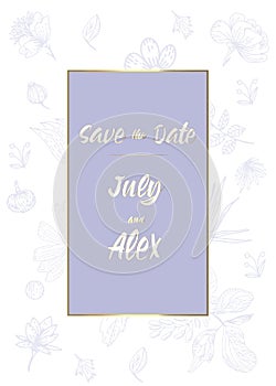 Wedding party invitation and Save The Date card templates with Lily of the valley flowers hand drawn with black contour lines on w