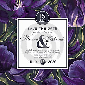 Wedding or party invitation template with dark purple tulips, vintage style.