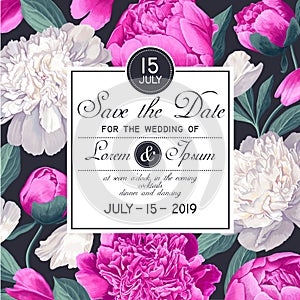 Wedding or party invitation template. Save the Date card with blooming peonies flowers and leaves.