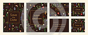 Wedding party, inviting card templates set. Floral botanical invitation, table, name, Save the Date and RSVP design with