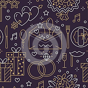 Wedding party seamless pattern, flat line illustration. Vector icons event agency rings, balloons, gifts, invitation
