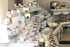 Wedding pastries on a mirror tray. Sweet candy bar on table. Beautiful bright buffet with many sweet snacks a candy bar