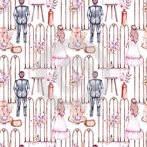 Wedding pattern with newlyweds, accessories, wedding arch, flowers on a white background
