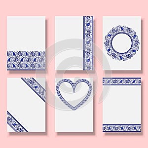 Wedding patterned Invitation. Set of Thank you Card, rsvp, posters. Collection of design templates. Fashion blue ethnic patterns