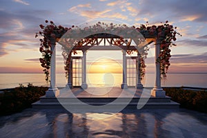 Wedding pavilion in 3D, framed by a mesmerizing sea sunset scene