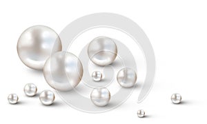 Many small and big white pearls on white background photo