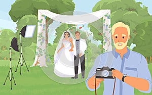 Wedding photo shoot concept with photographer and happy married couple