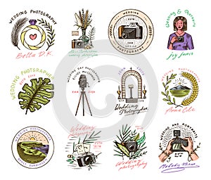 Wedding photographer badges or logos. Photo camera for the holiday. Photography Community. Templates for Retro Studio