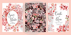 Wedding pink floral invitation cards templates vector