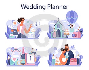 Wedding planner concept set. Professional organizer planning wedding