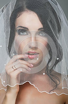 Wedding. Portrait of Affectionate Bride Brunette in Veil