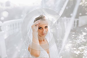 Wedding portrait of the bride. Beautiful blonde bride in a white dress under a long veil