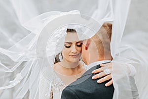 Wedding portrait. A brunette bride in a long dress and a groom in a classic suit pose under a veil