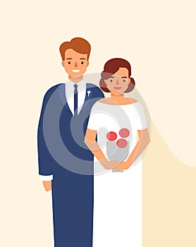 Wedding portrait of cute happy pair of young smiling bride and groom dressed in elegant clothing. Funny adorable married