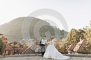 Wedding portrait. The groom in a black suit and the blonde bride are standing.