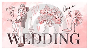 Wedding poster with a couple in a love kiss, a bride with a bouquet, accessories and decor with text. Modern sketchy