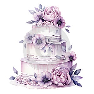 Wedding purple cake with flowers and leaves. Watercolor illustration.