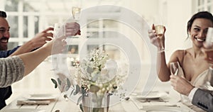 Wedding, reception and champagne to toast and celebrate bride, groom and marriage at a dining table. Man and woman with