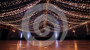 A wedding reception dance floor under a canopy of string lights and