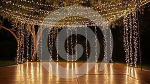 A wedding reception dance floor under a canopy of string lights and