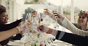 Wedding, reception and hands for a wine toast to celebrate friends, family and marriage at a dining table. Diversity men