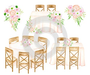 Wedding reception illustration set. Watercolor flower bouquets, head table, banquet tables isolated on white. Draped