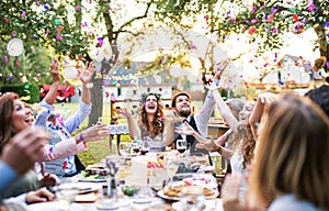 Bride and groom with guests at wedding reception outside in the backyard.