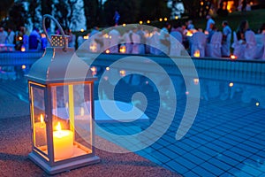 Wedding reception by the pool at night