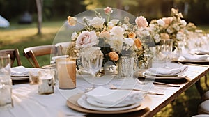 Wedding reception table setting with flower arrangements, Special event table set up, Fresh flower decoration