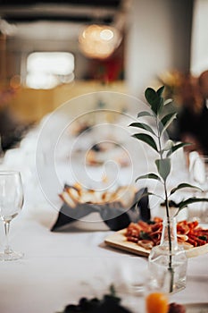 Wedding reception. Table setting in restaurant