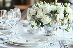 Wedding reception table with white rose decor and card mockup