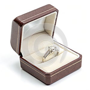 Wedding ring in box isolated on white background