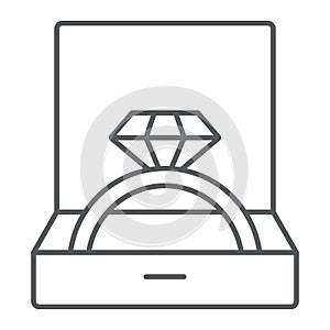 Wedding ring in box thin line icon, jewellery and accessory, gift box with ring sign, vector graphics, a linear pattern