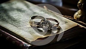 Wedding ring, gold jewelry, antique bible, symbol of love and religion generated by AI