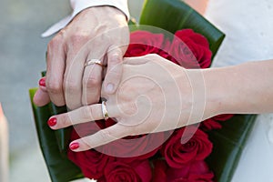 Wedding Ring Hands over bouquet
