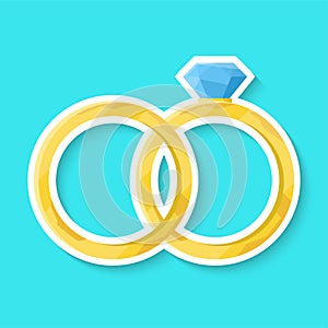 Wedding ring isolated on a blue background. Golden ring with shiny diamond. Realistic sticker. Simple cute design. Icon or logo.